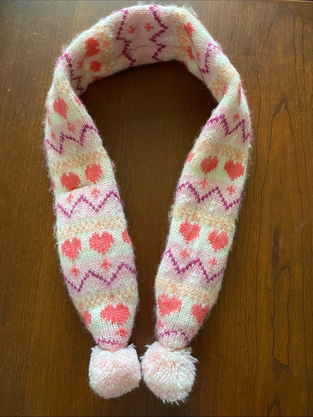Pink Heart Knit Scarf with Pom-Poms